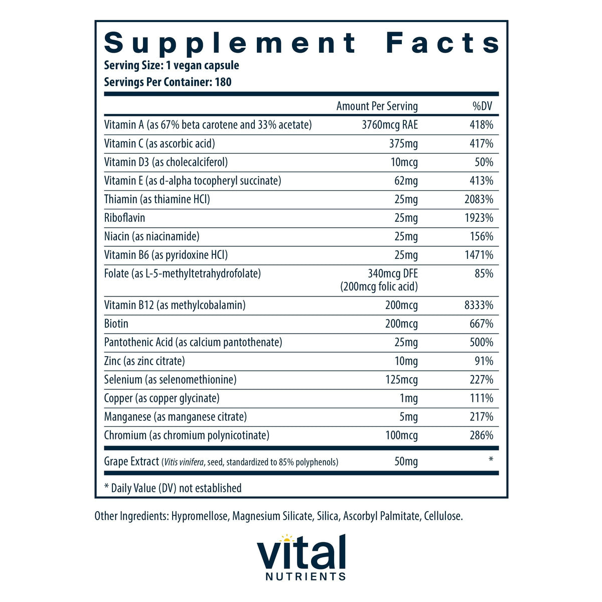 Vital Nutrients Multivitamine Essentielle 180 Capsules vue arrière