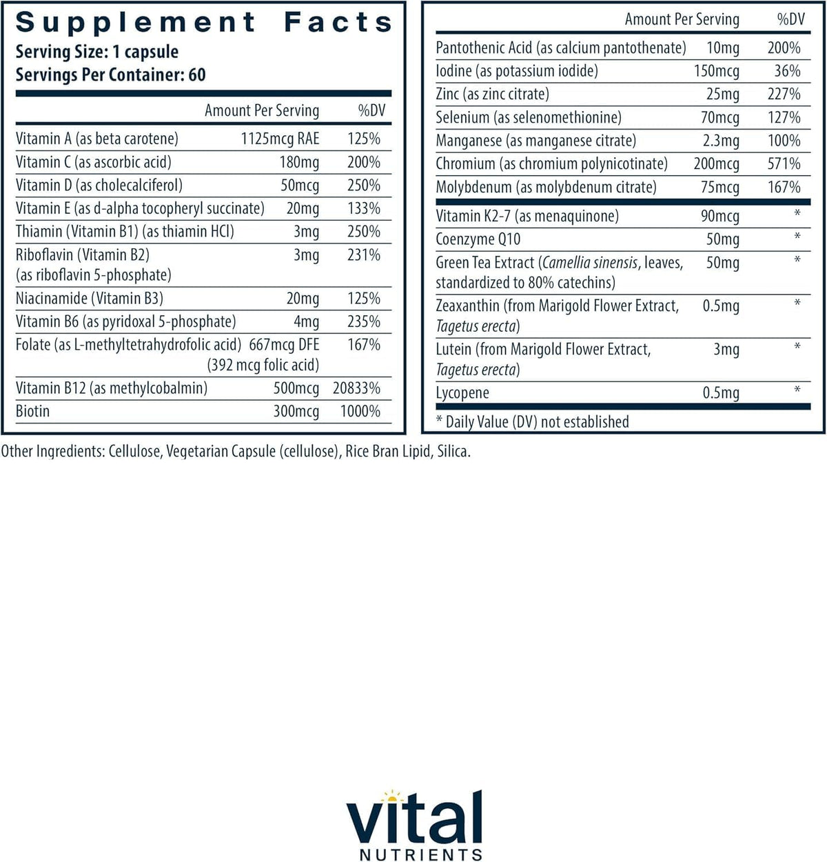 Vital Nutrients Multivitamines Vegan 60 Capsules - vue arrière
