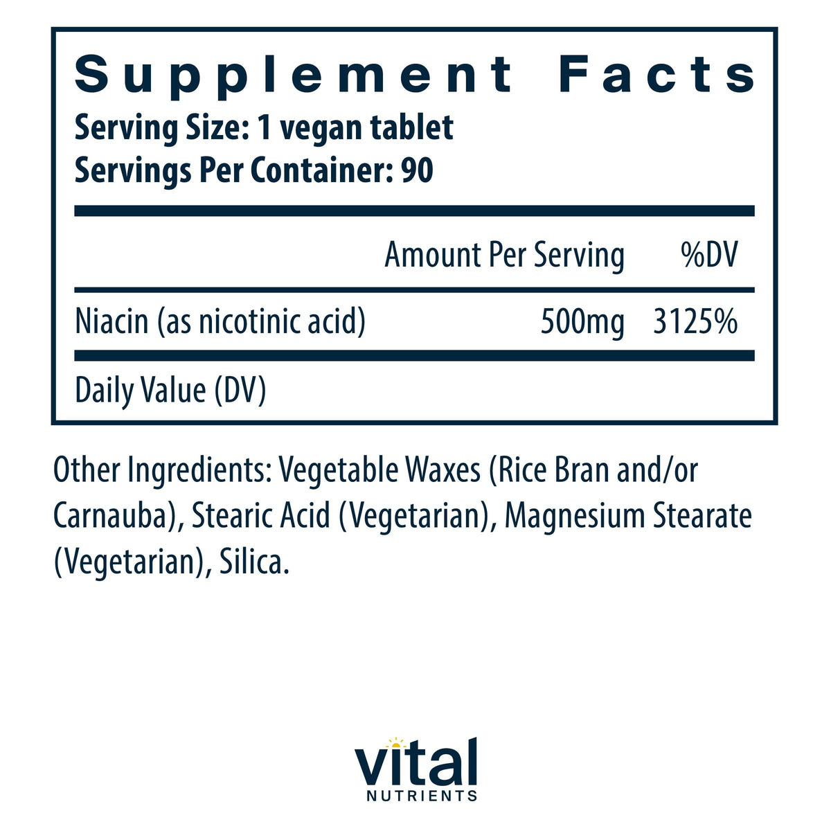 Vital Nutrients Niacine 500mg, vue des côtés de l'emballage