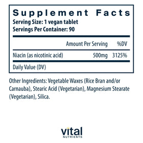 Vital Nutrients Niacine 500mg, vue des côtés de l'emballage