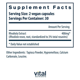 Vital Nutrients Rhodiola Rosea capsules ouvertes montrant le contenu