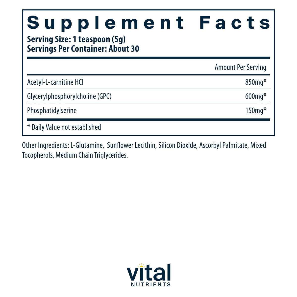 Vital Nutrients Vital Brain Powder 150g - vue de dos avec informations nutritionnelles