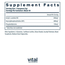 Vital Nutrients Vital Brain Powder 150g - vue de dos avec informations nutritionnelles