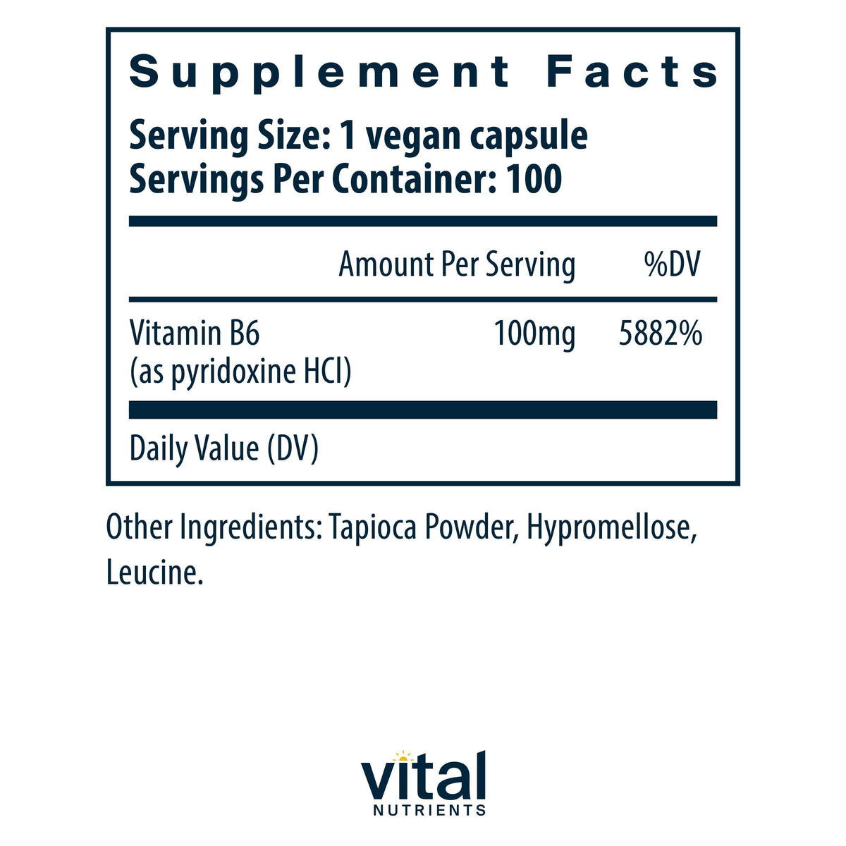 Vital Nutrients Vitamine B6 100mg Capsules arrière