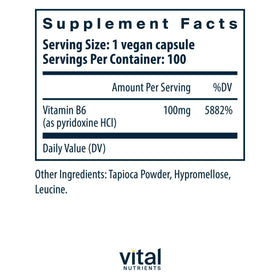 Vital Nutrients Vitamine B6 100mg Capsules arrière