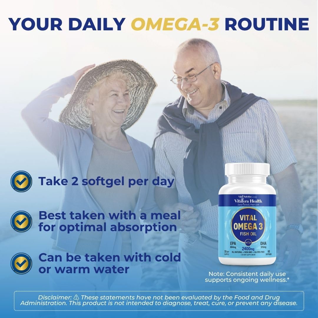 VITAL NUTRITIVE Huile de Poisson Omega 3 2400mg à côté d'un verre d'eau