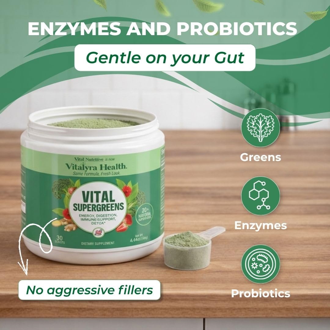 VITAL NUTRITIVE Poudre de Super Greens 200g dans un verre d'eau