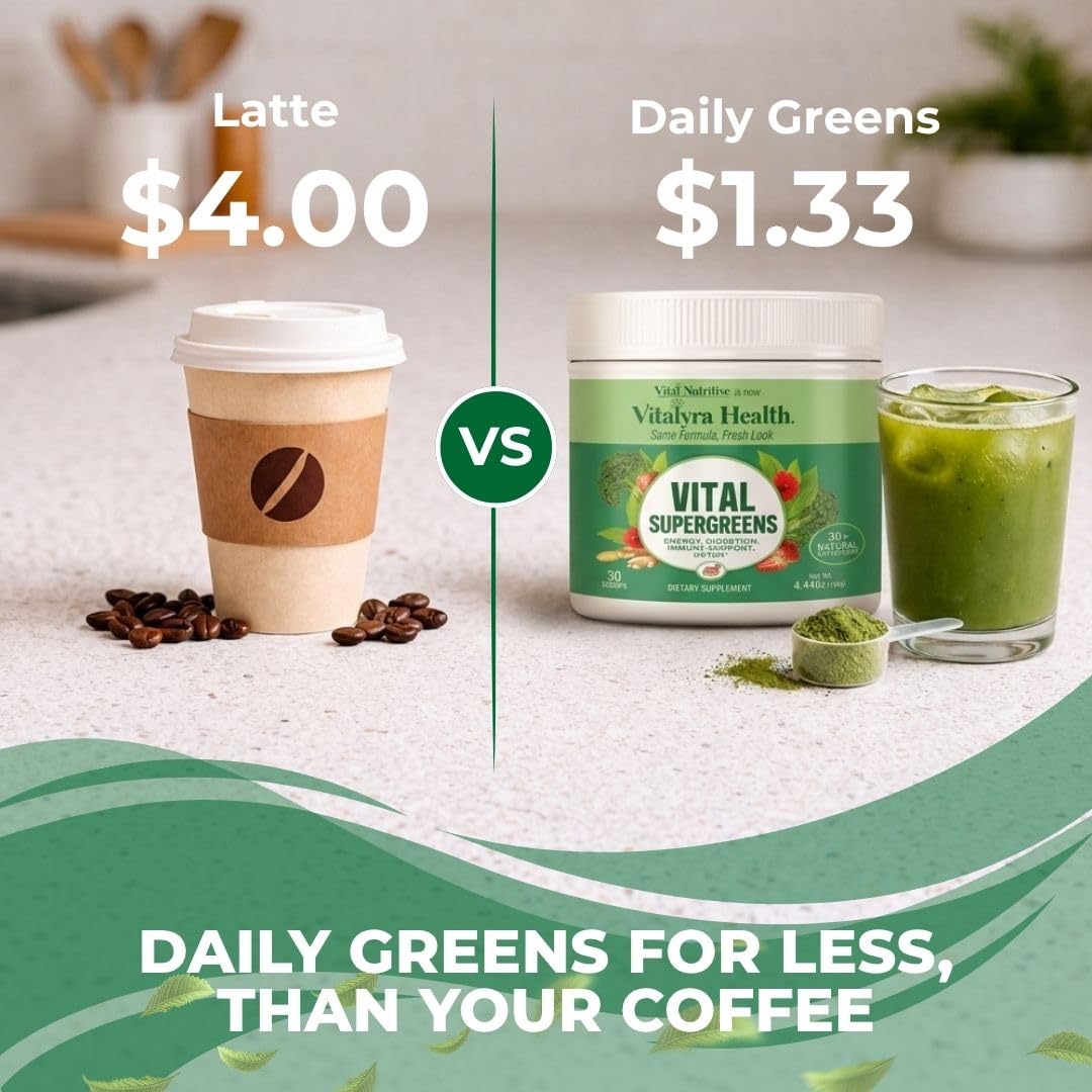 VITAL NUTRITIVE Poudre de Super Greens 40+ Superfoods 381g sur une table