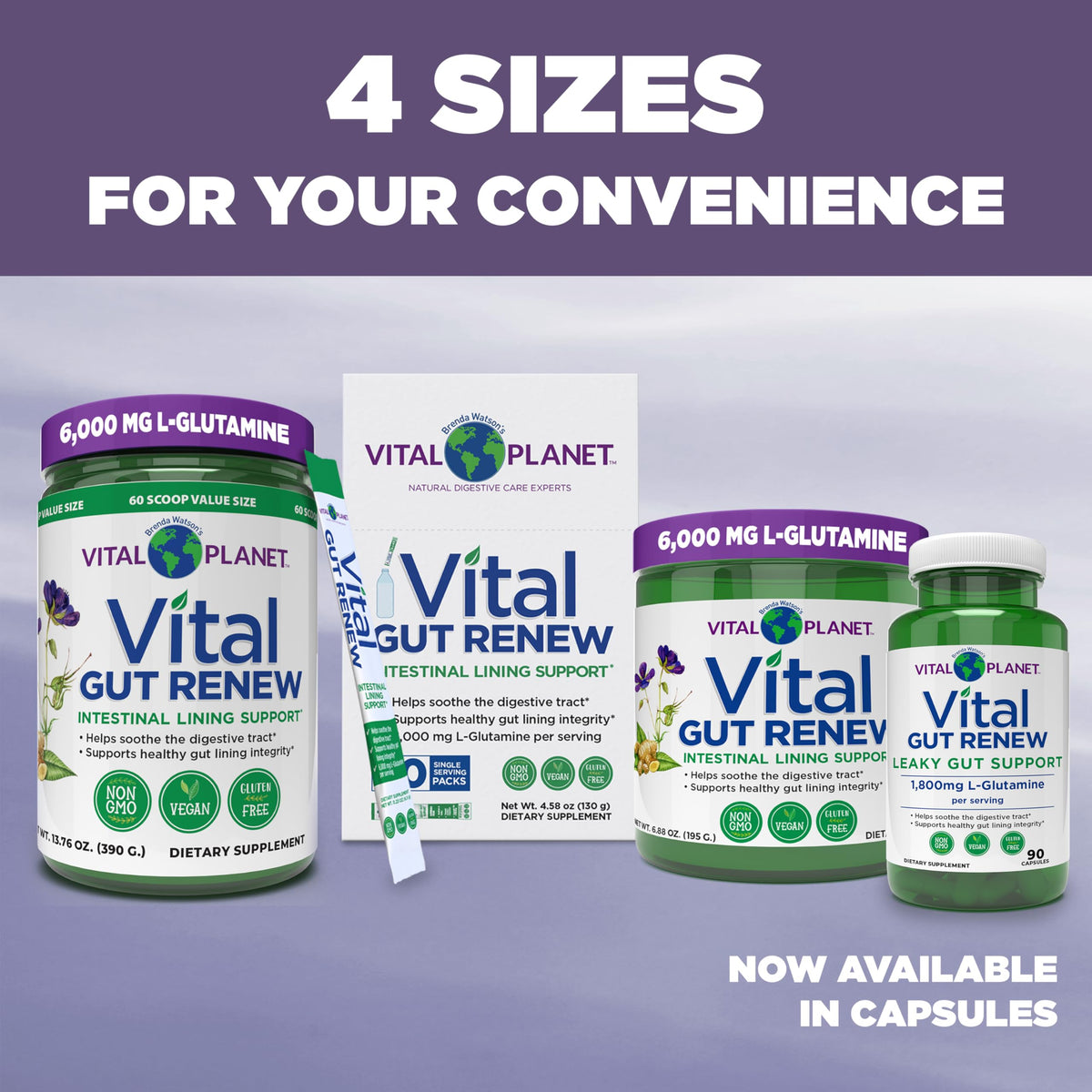 Vital Planet Vital Gut Renew capsules on a wooden table with a glass of water