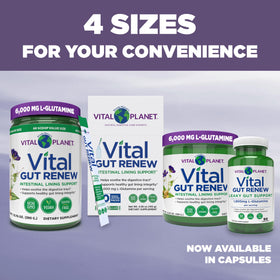 Vital Planet Vital Gut Renew capsules on a wooden table with a glass of water