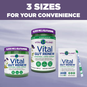 Vital Planet Vital Gut Renew Poudre 6000mg L-Glutamine 490g avec étiquette détaillée