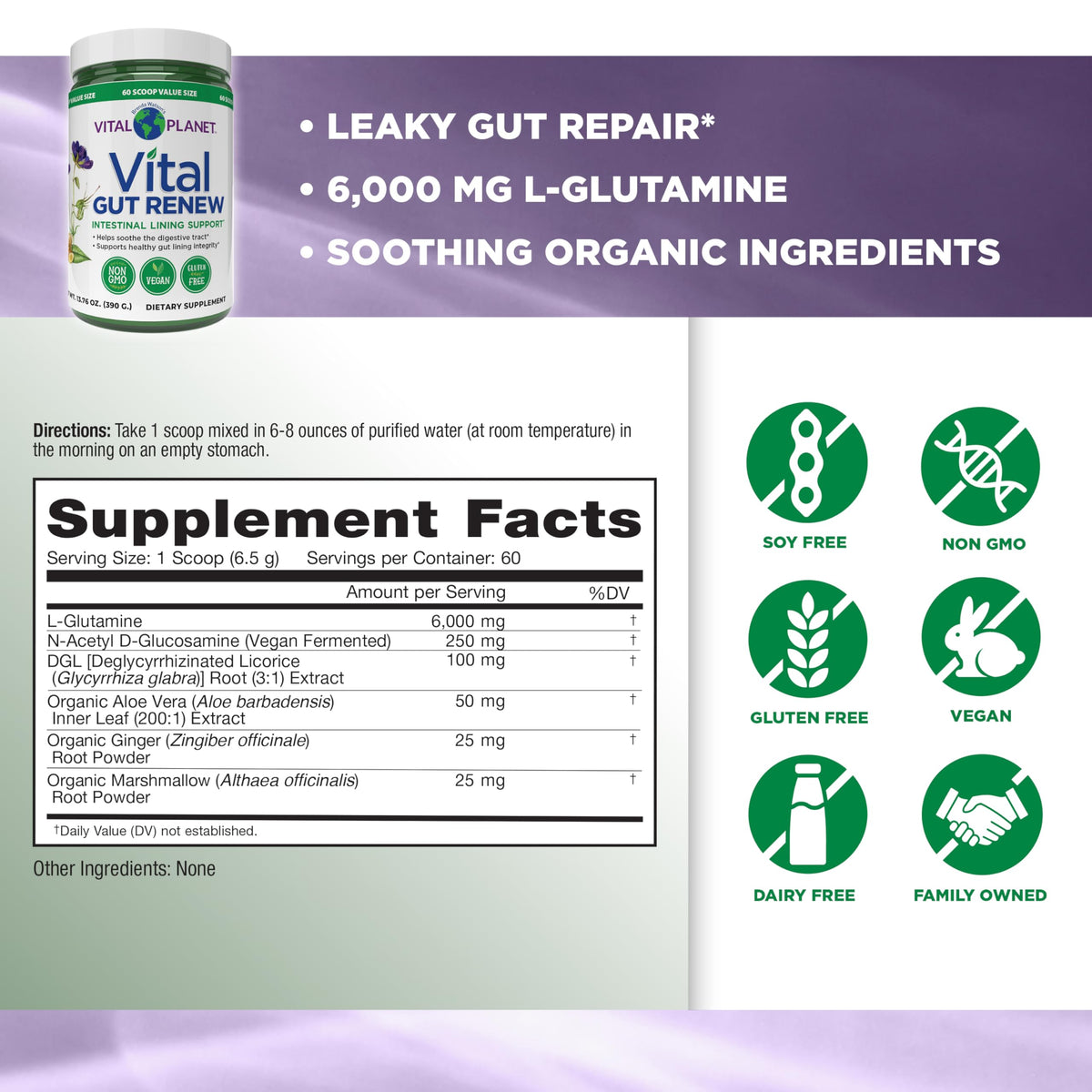 Vital Planet Vital Gut Renew Poudre 6000mg L-Glutamine 490g vue arrière