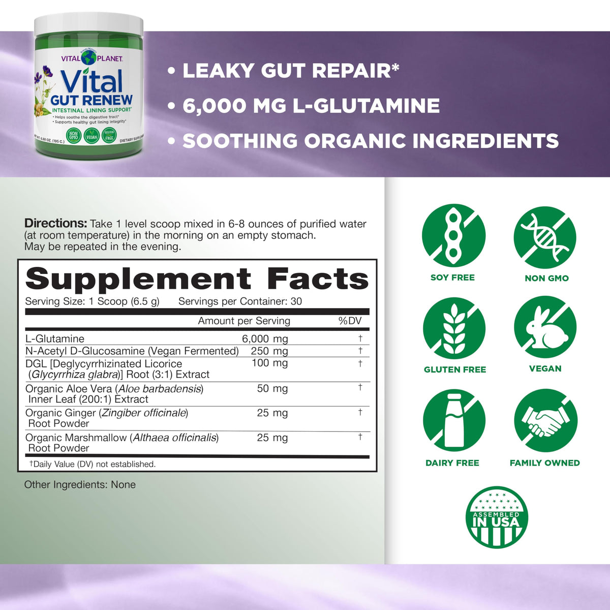 Vital Planet Vital Gut Renew Poudre 6000mg L-Glutamine ingrédients