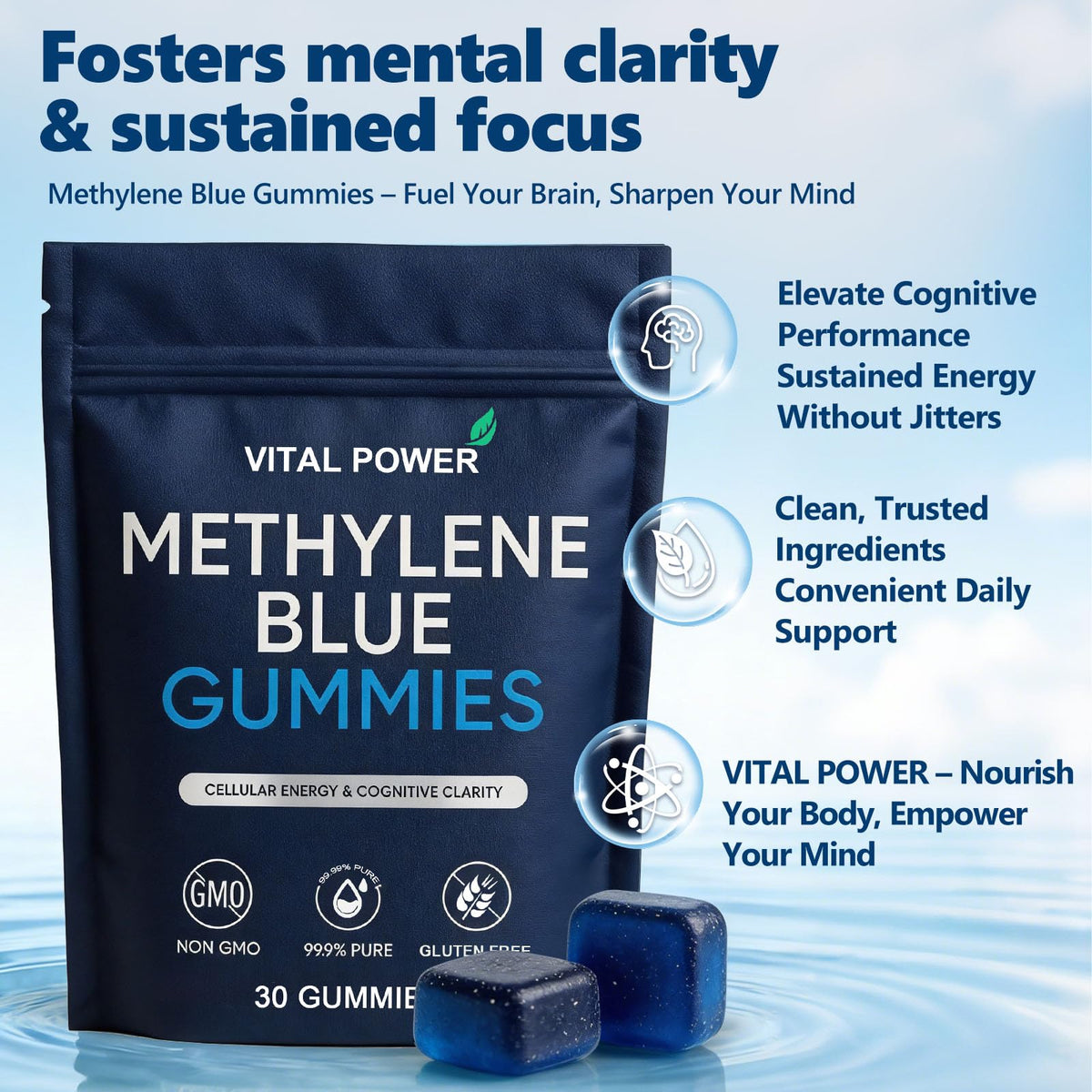 VITAL POWER Gummies Methylene Bleue avec une main tenant un gummy