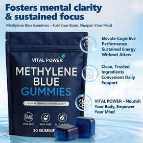 VITAL POWER Gummies Methylene Bleue avec une main tenant un gummy