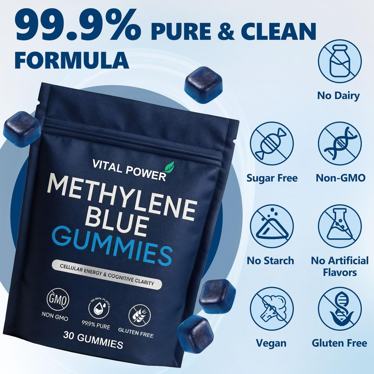 VITAL POWER Gummies Methylene Bleue en gros plan sur le goût de framboise bleue