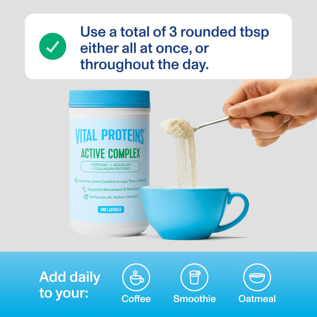 Vital Proteins Active Complex 390g sur une table avec un verre d'eau