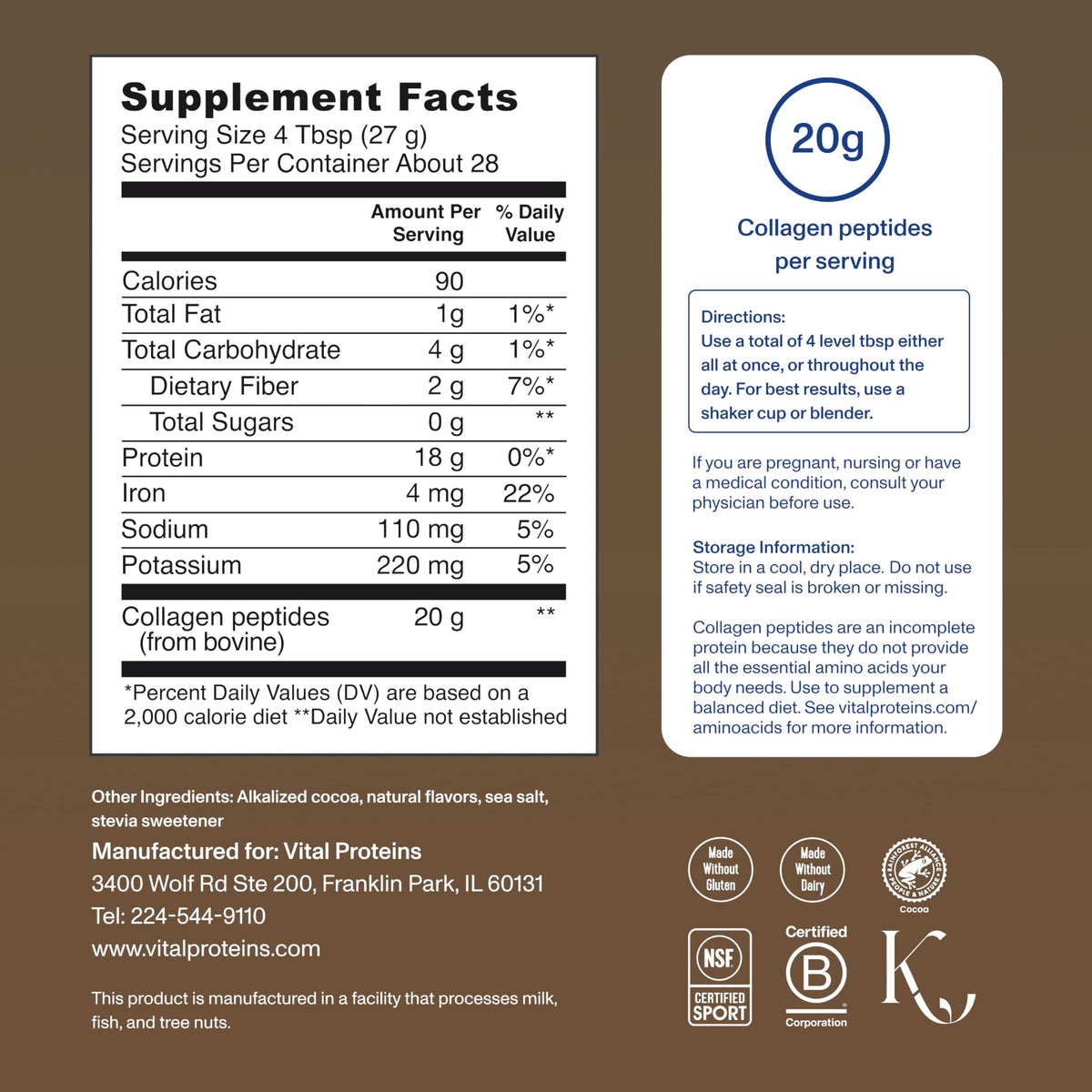 Vital Proteins Poudre de Collagène Peptides Chocolat 830g - emballage