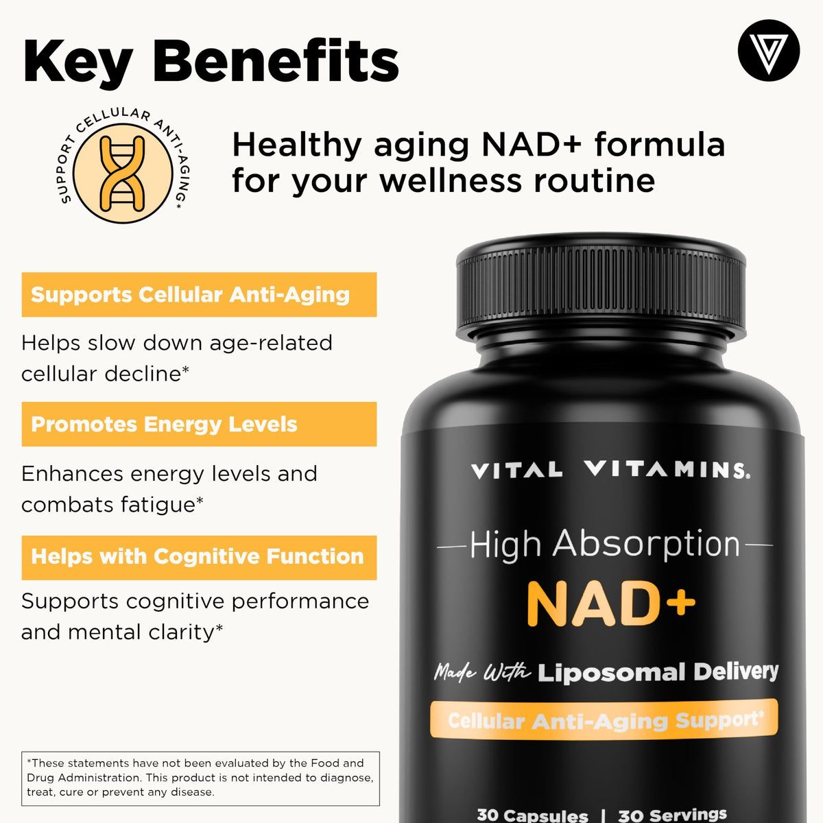 Vital Vitamins Complément Alimentaire NAD+ 500mg Liposomal, étiquette avec ingrédients