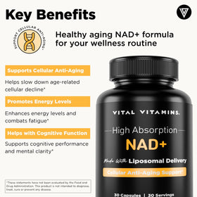 Vital Vitamins Complément Alimentaire NAD+ 500mg Liposomal, étiquette avec ingrédients
