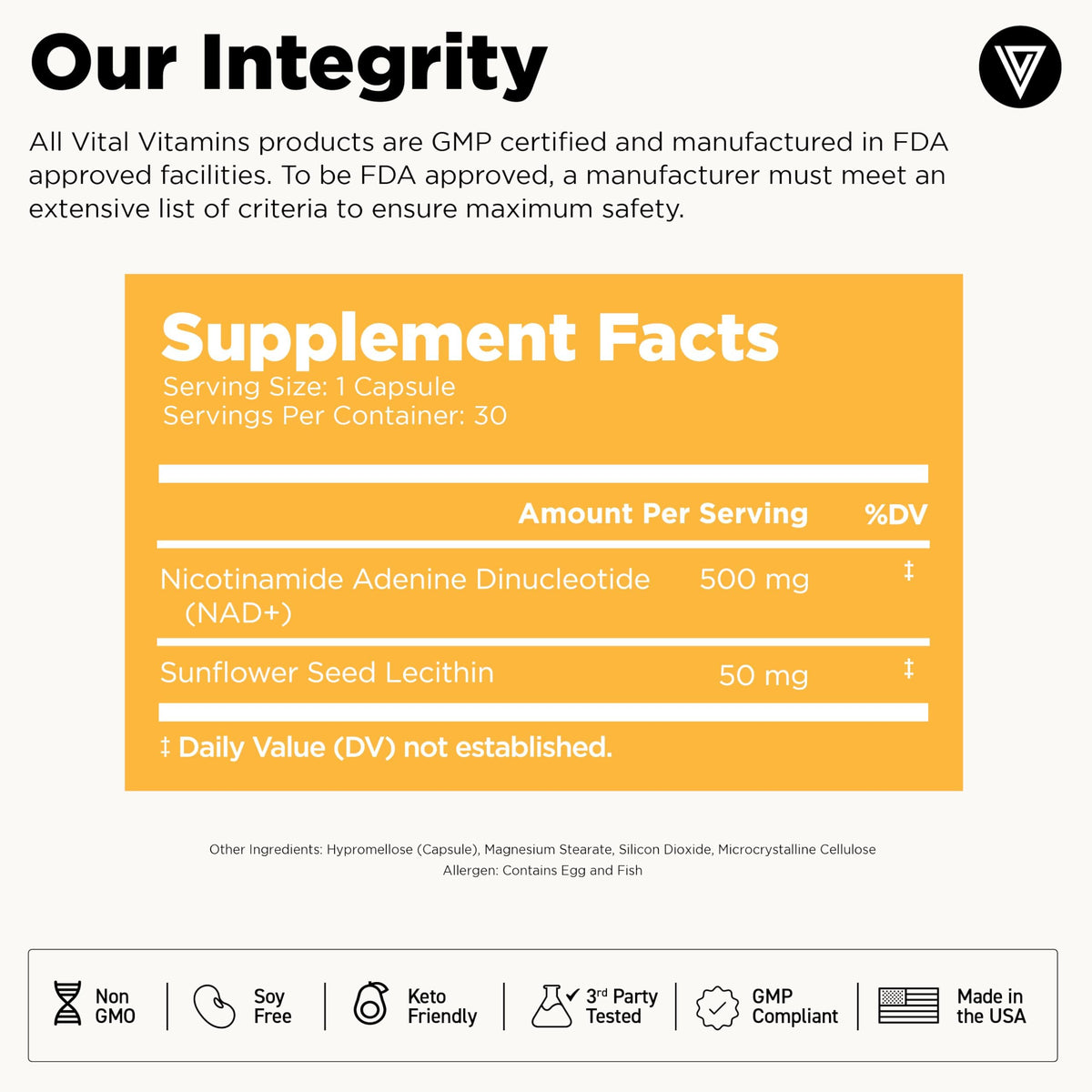 Vital Vitamins Complément Alimentaire NAD+ 500mg Liposomal, vue latérale des capsules