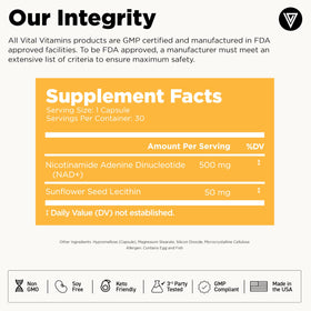 Vital Vitamins Complément Alimentaire NAD+ 500mg Liposomal, vue latérale des capsules