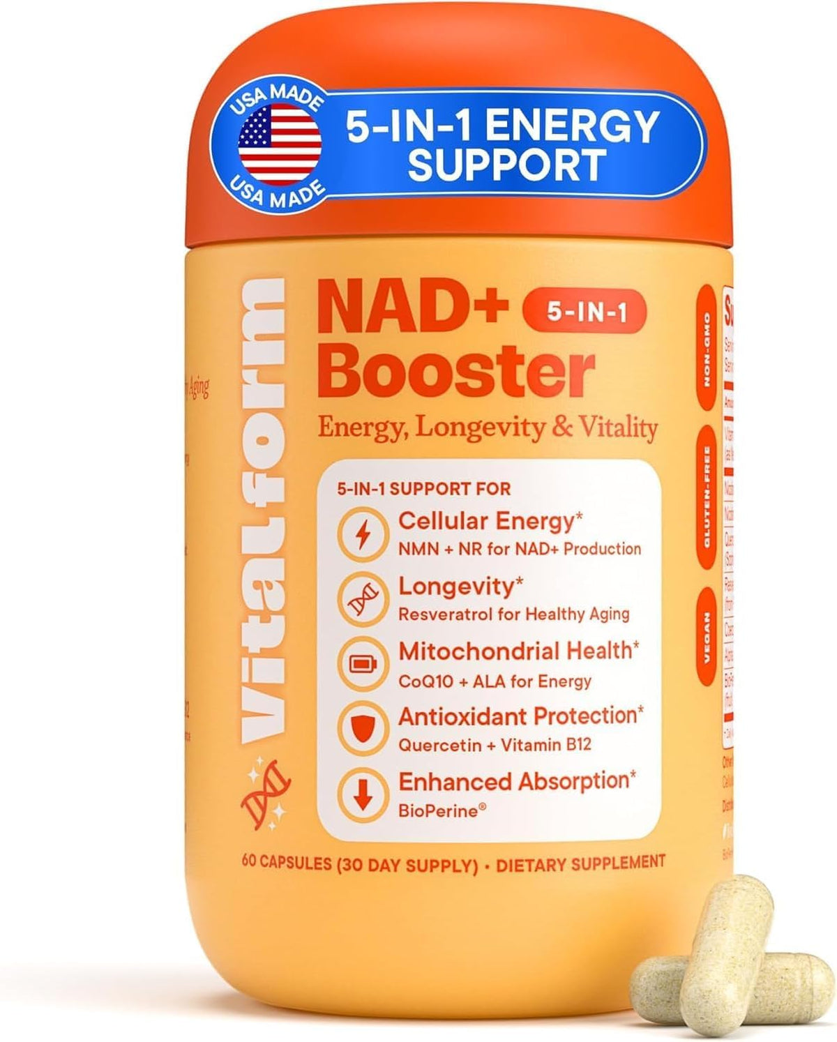 VitalForm NAD+ Complément Alimentaire 60 Capsules Végétales vue de face