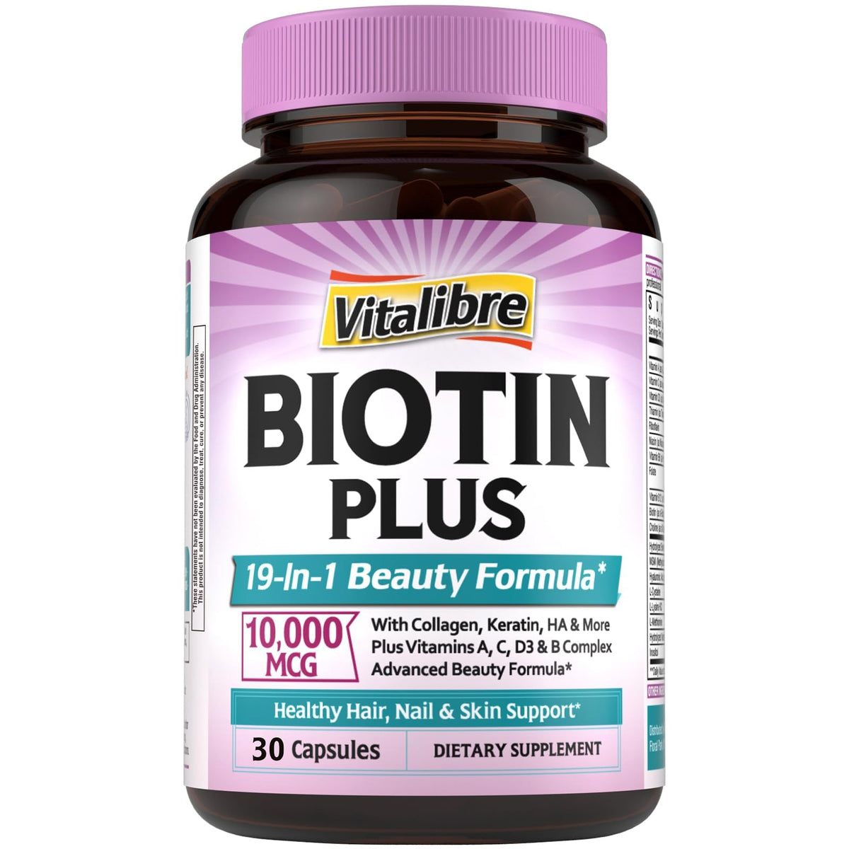 Vitalibre Biotine 10000mcg boîte de 30 capsules vue de face