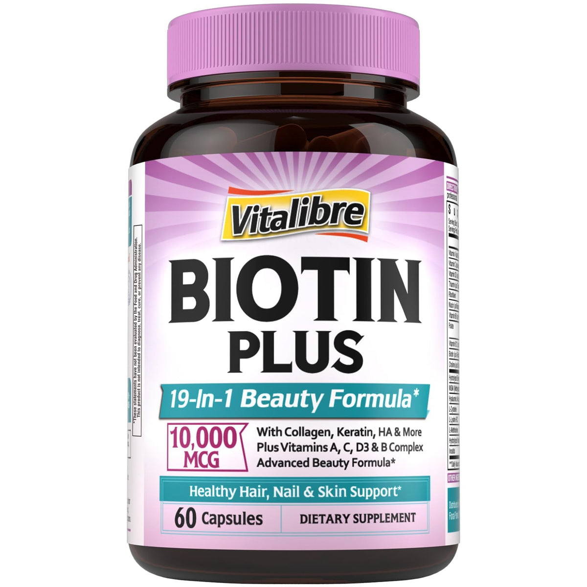Vitalibre Biotine 10000mcg flacon avant avec 60 gélules