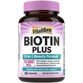 Vitalibre Biotine 10000mcg flacon avant avec 60 gélules