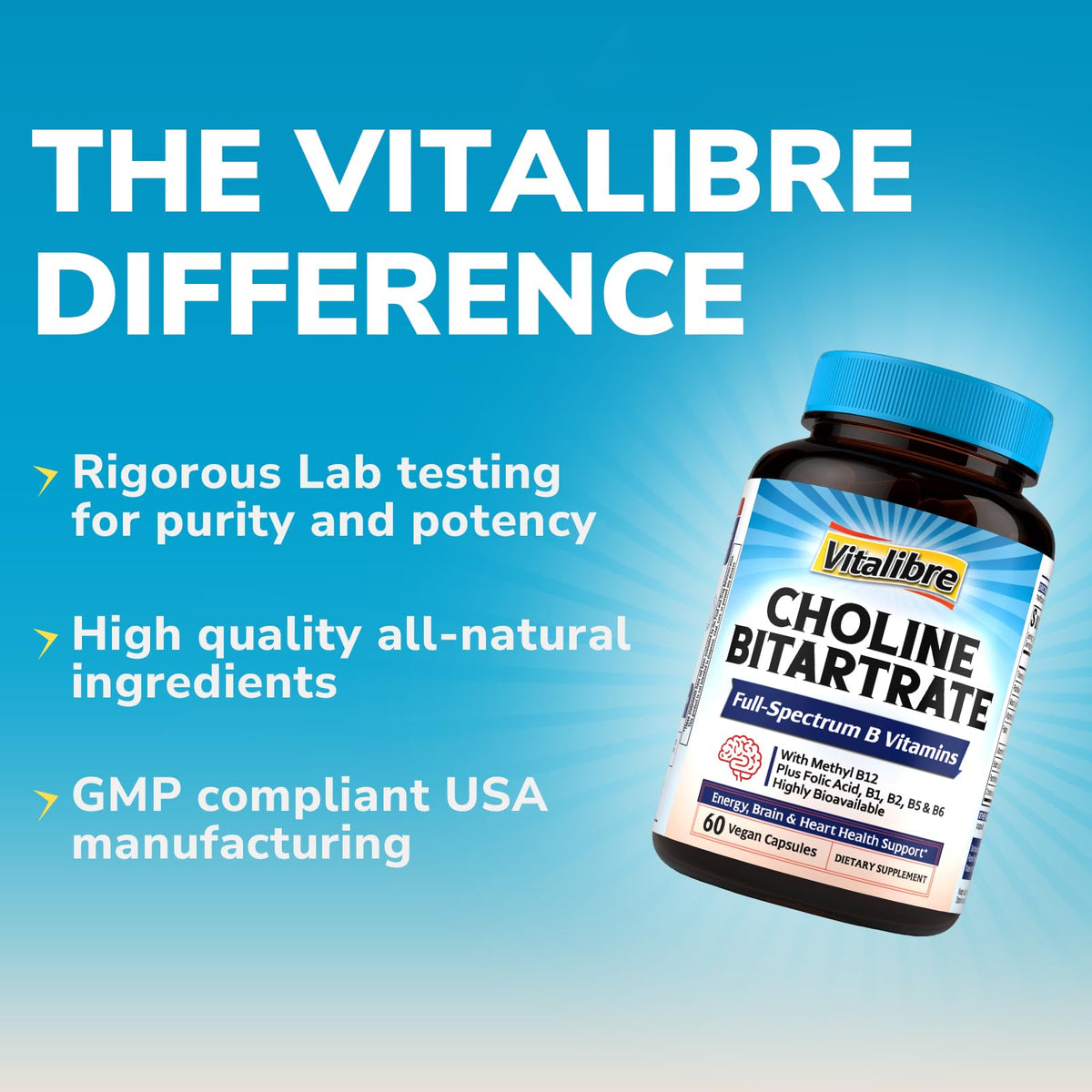 Vitalibre Choline Bitartrate 300mg avec des ingrédients naturels en arrière-plan