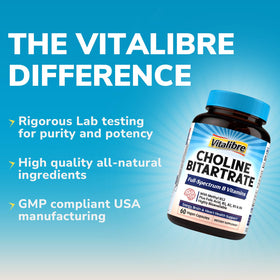 Vitalibre Choline Bitartrate 300mg avec des ingrédients naturels en arrière-plan