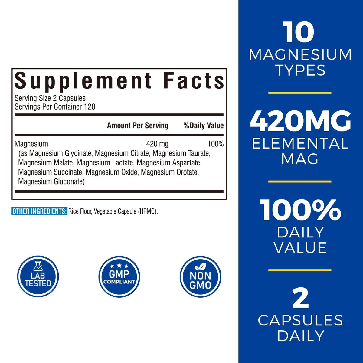 Vitalibre Complexe de Magnésium 10 en 1 420mg 240 capsules vue arrière