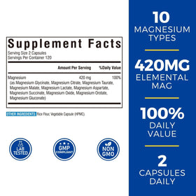 Vitalibre Complexe de Magnésium 10 en 1 420mg 240 capsules vue arrière