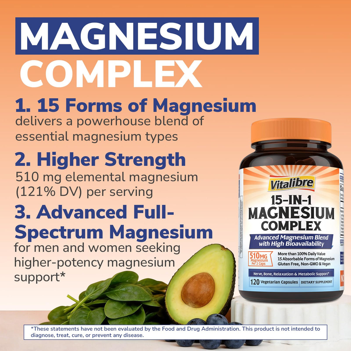 Vitalibre Complexe de Magnésium 15 en 1 120 capsules avec étiquette