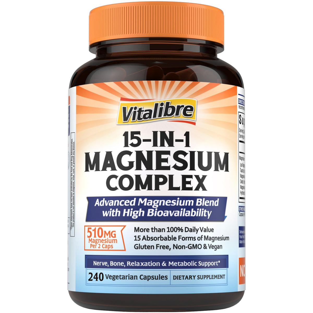 Vitalibre Complexe de Magnésium 15 en 1 510mg, 240 capsules vue de face