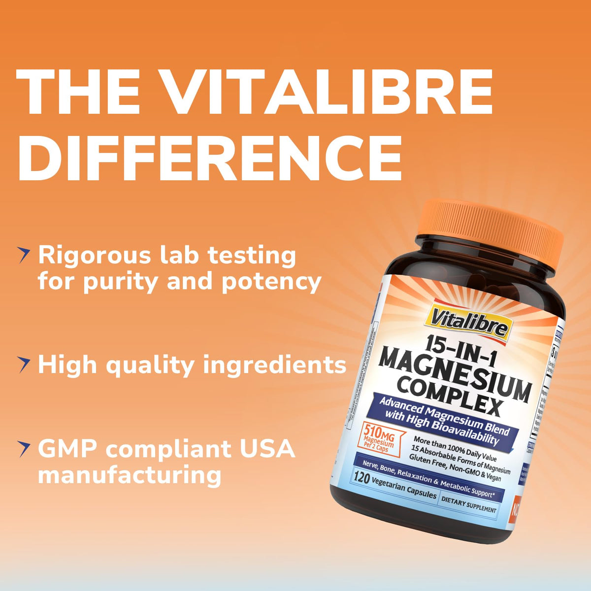 Vitalibre Complexe de Magnésium 15 en 1 capsules sur une table
