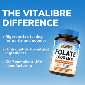 Vitalibre Methyl Folate 1000 mcg capsules à côté d'un carnet