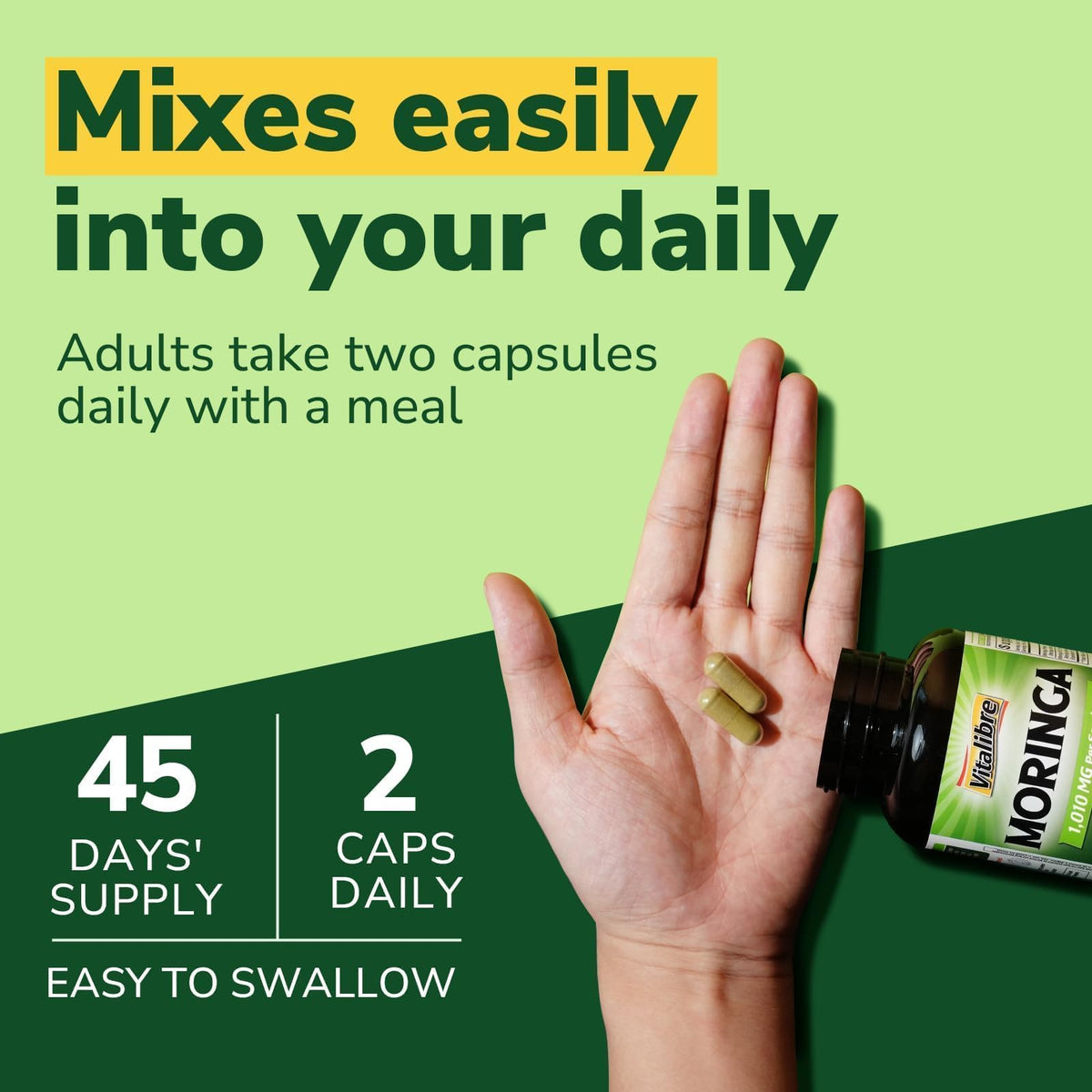 Vitalibre Moringa 1 010 mg avec des feuilles de moringa en arrière-plan