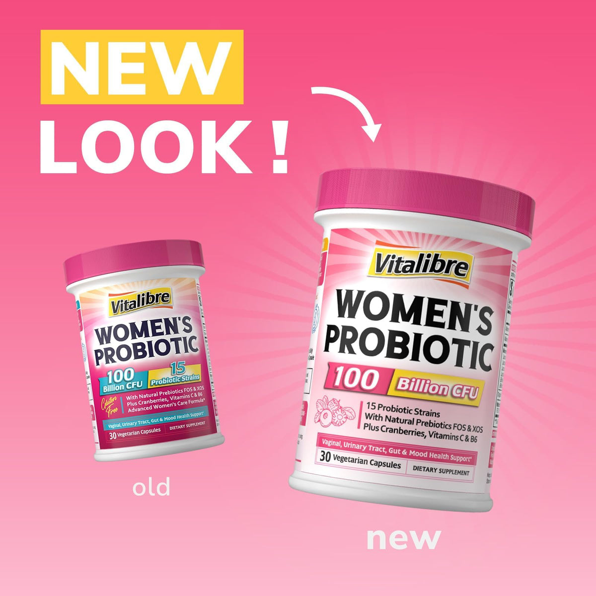 Vitalibre Probiotiques Femmes 100 Milliards CFU en gros plan sur les capsules