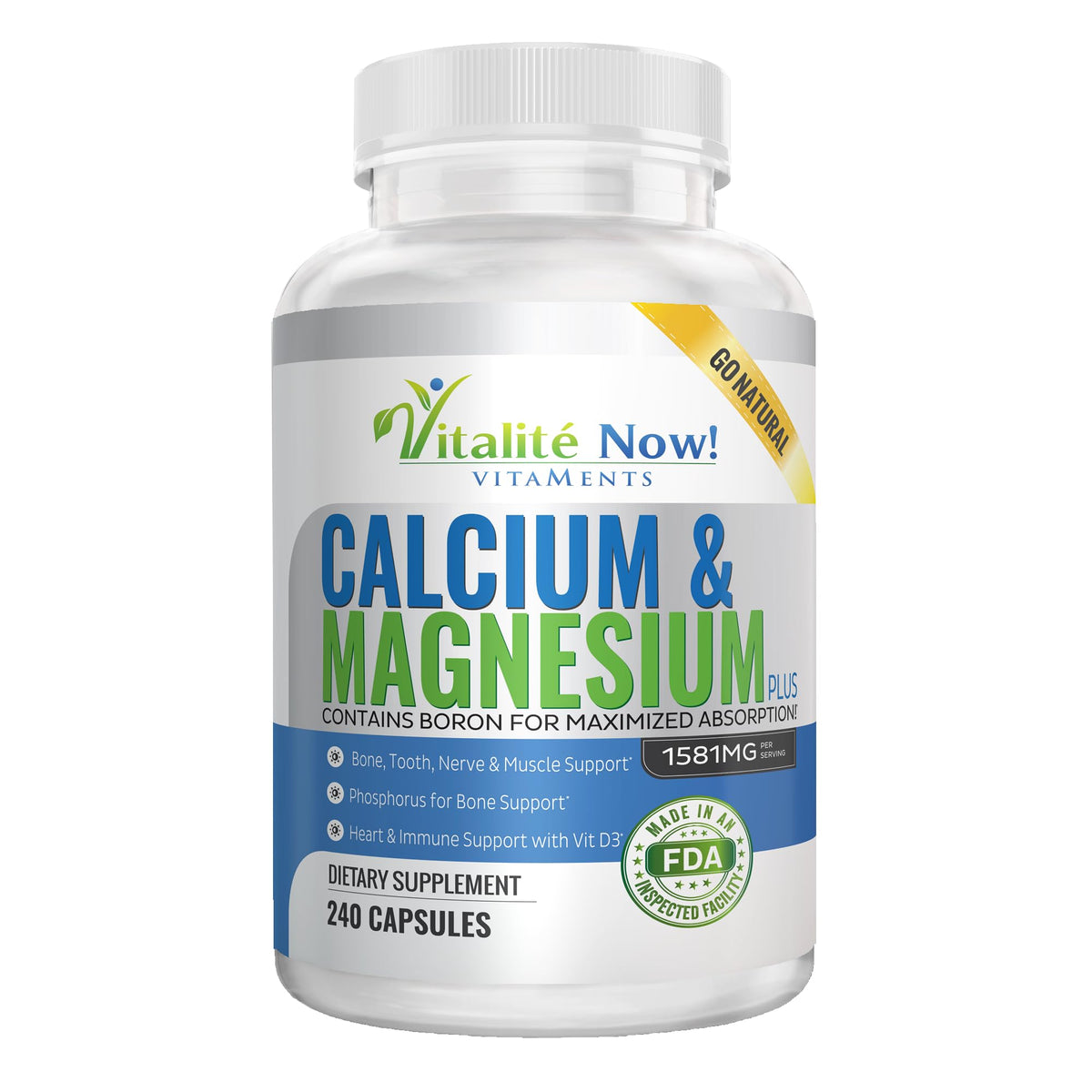 Vitalité Now! Complément de Calcium Magnésium 1000mg avec Vitamine D, vue avant