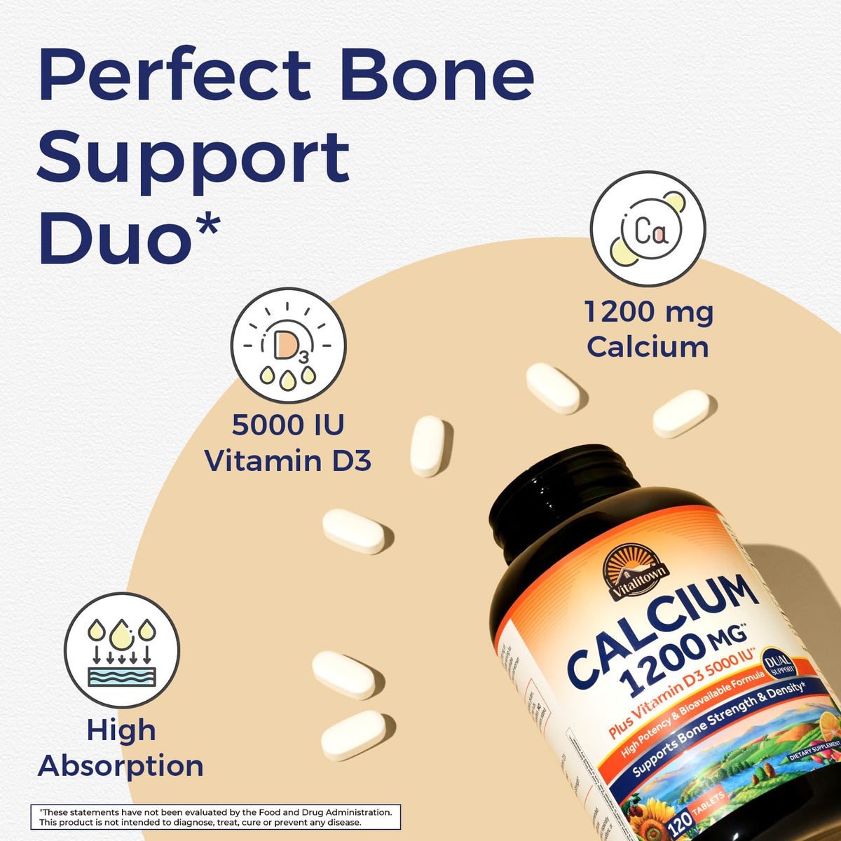 Vitalitown Calcium 1200 mg avec Vitamine D3 sur fond blanc