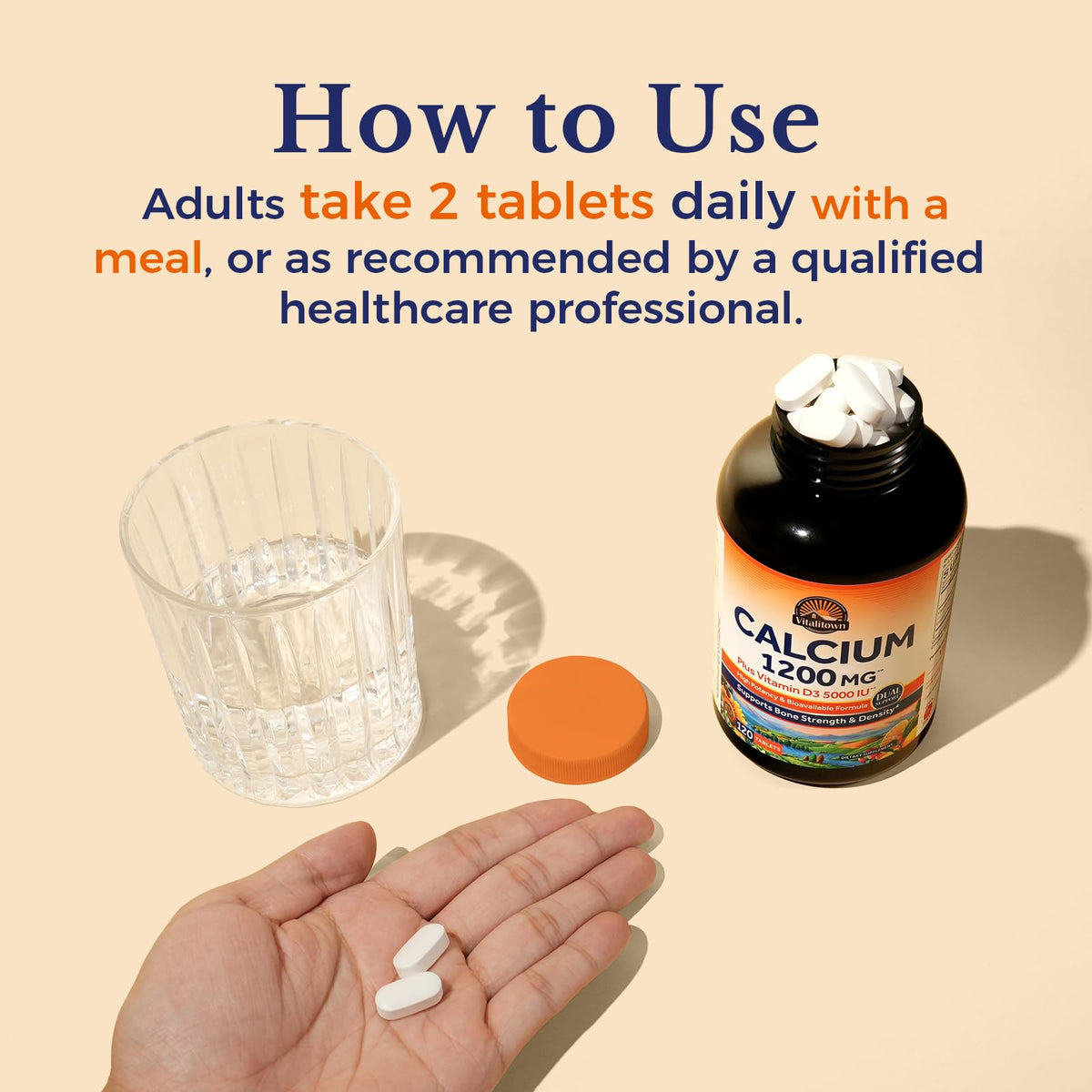 Vitalitown Calcium 1200 mg avec Vitamine D3 sur une table
