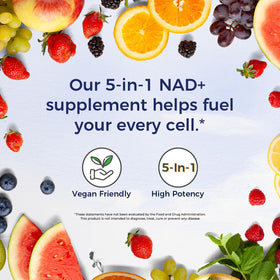 Vitalitown NAD+ 500 mg avec des ingrédients naturels en arrière-plan