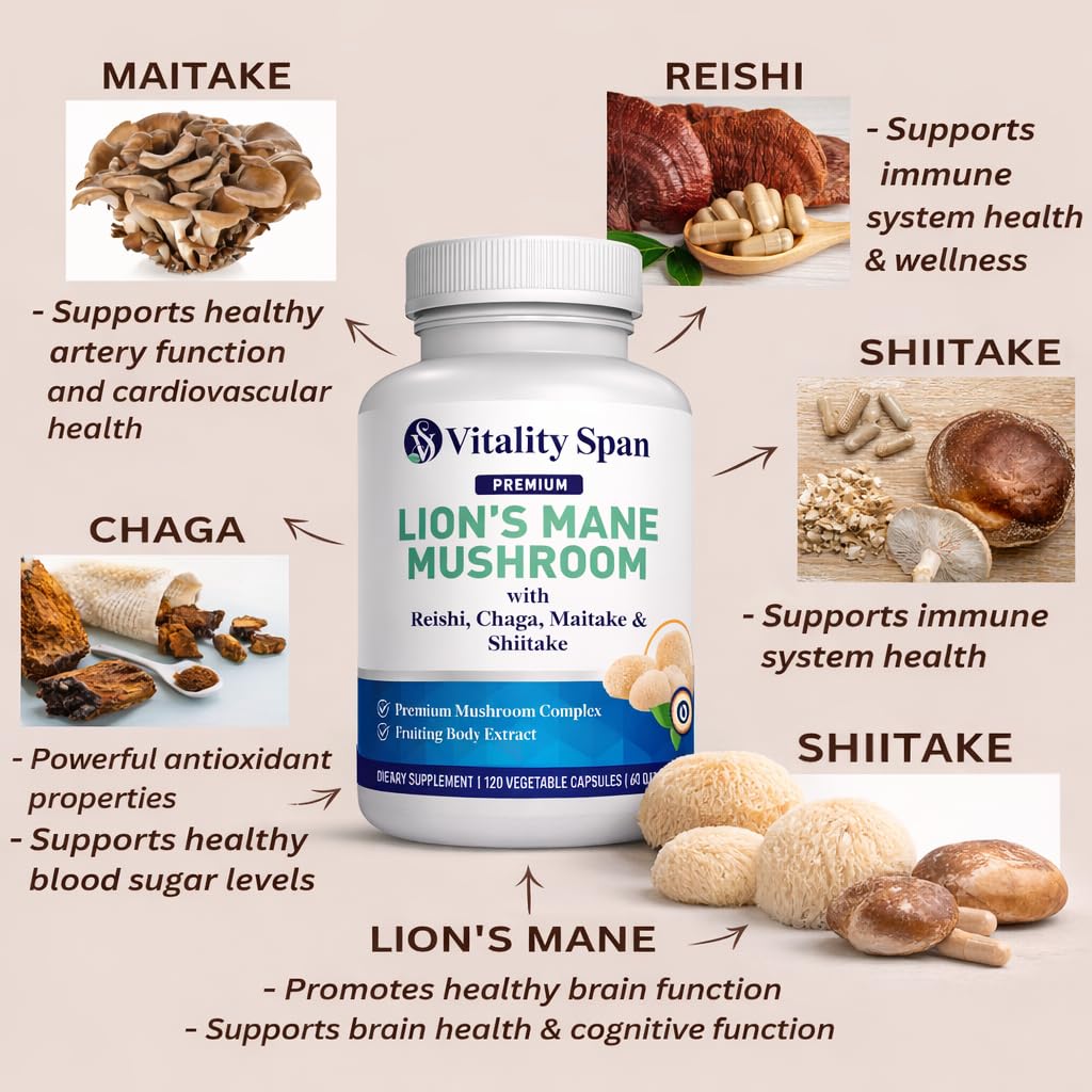 Vitality Span Complément Lion's Mane avec des ingrédients naturels en arrière-plan