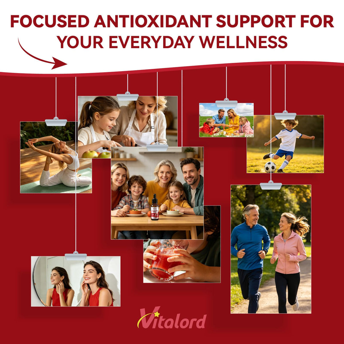 Vitalord Astaxanthin Liposomal 24mg avec fruits frais en arrière-plan