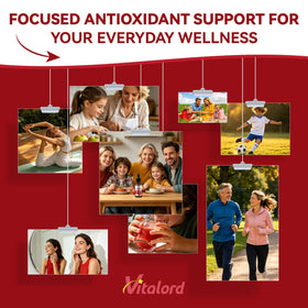 Vitalord Astaxanthin Liposomal 24mg avec fruits frais en arrière-plan