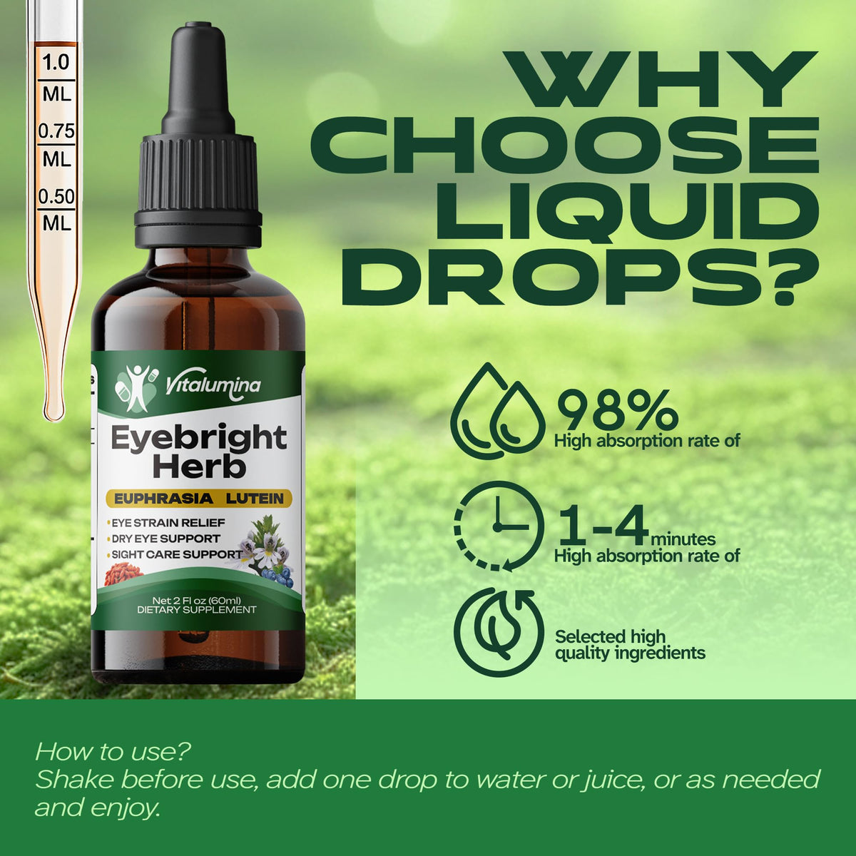 Vitalumina Eyebright Herbal Liquid 950mg bouteille sur un bureau