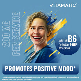 Vitamatic 5-HTP 200mg capsules avec B6 sur un fond blanc