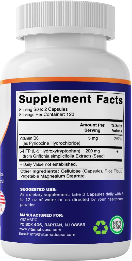 Vitamatic 5-HTP 200mg capsules et verre d'eau